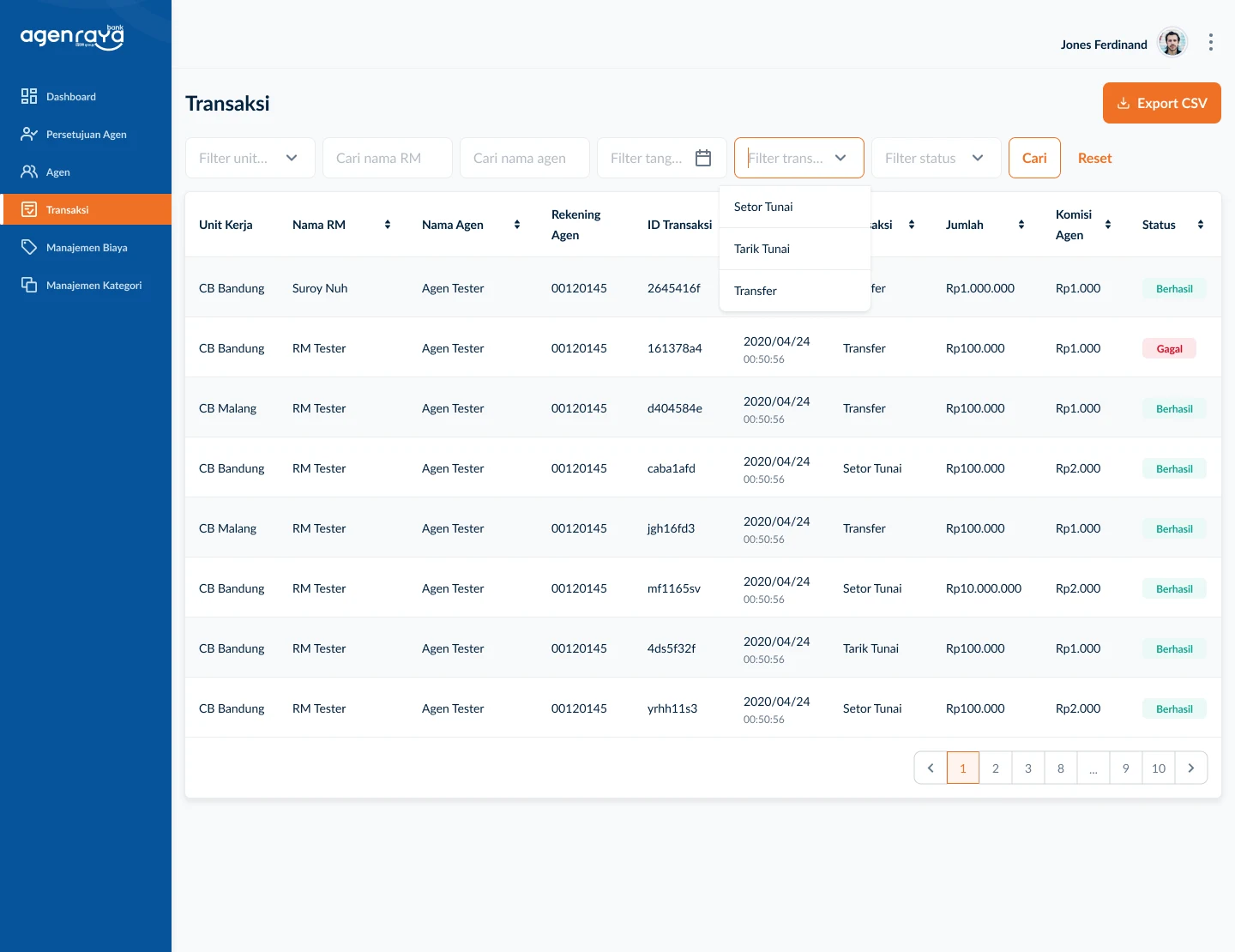 Agen Raya Dashboard transaction list screen