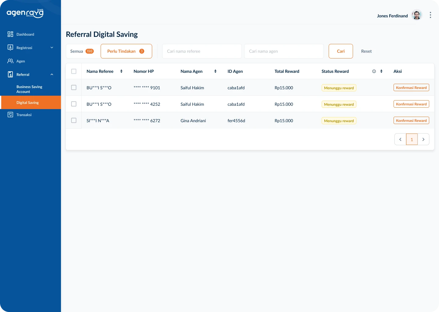 Agen Raya dashboard digital saving referral list screen