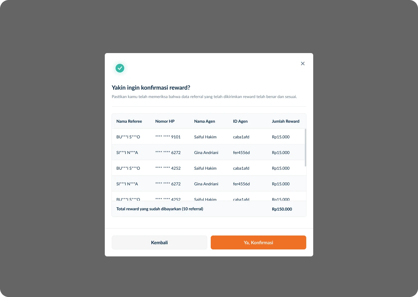 Agen Raya dashboard referral reward confirmation screen