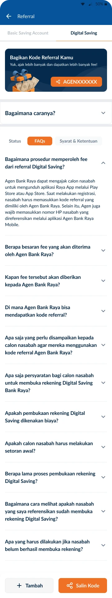 Agen Raya digital saving referral FAQ screen