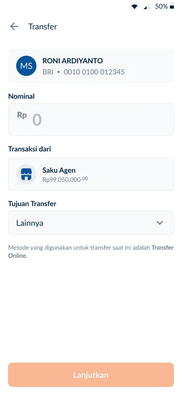 Agen Raya online transfer form screen
