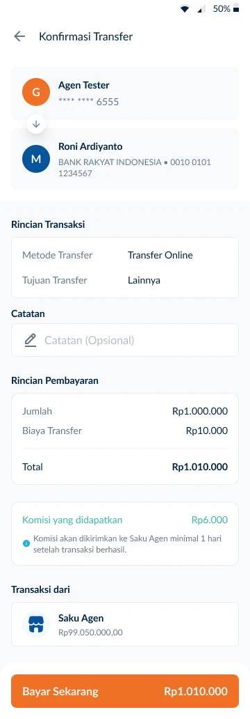 Agen Raya transfer confirmation screen