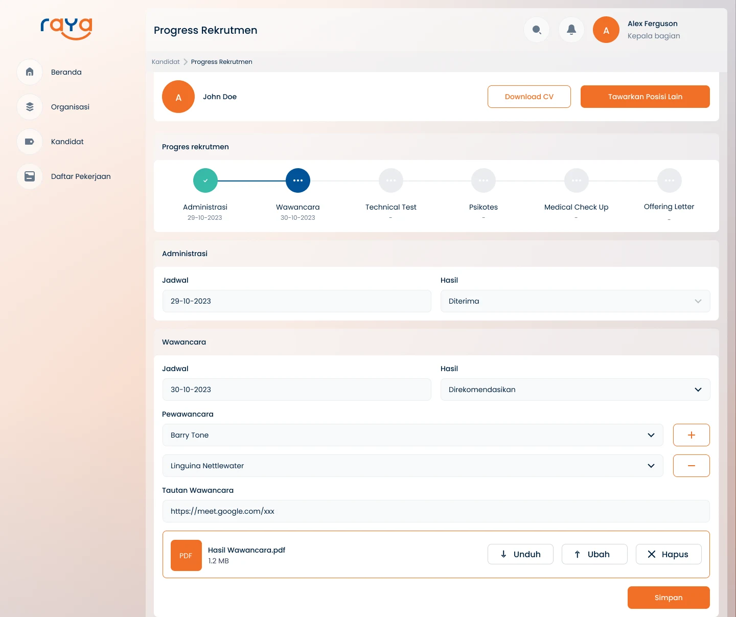 E-Recruitment progress screen