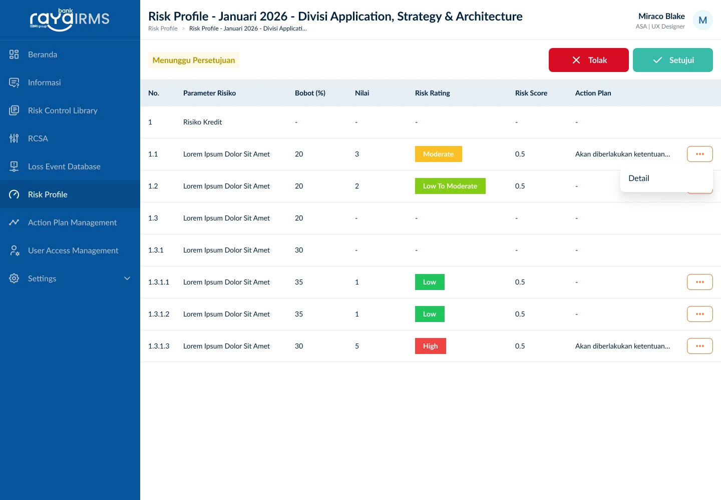IRMS risk profile screen
