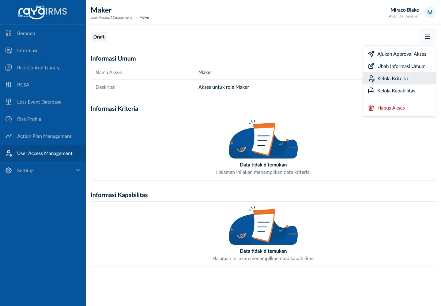 IRMS user access management screen