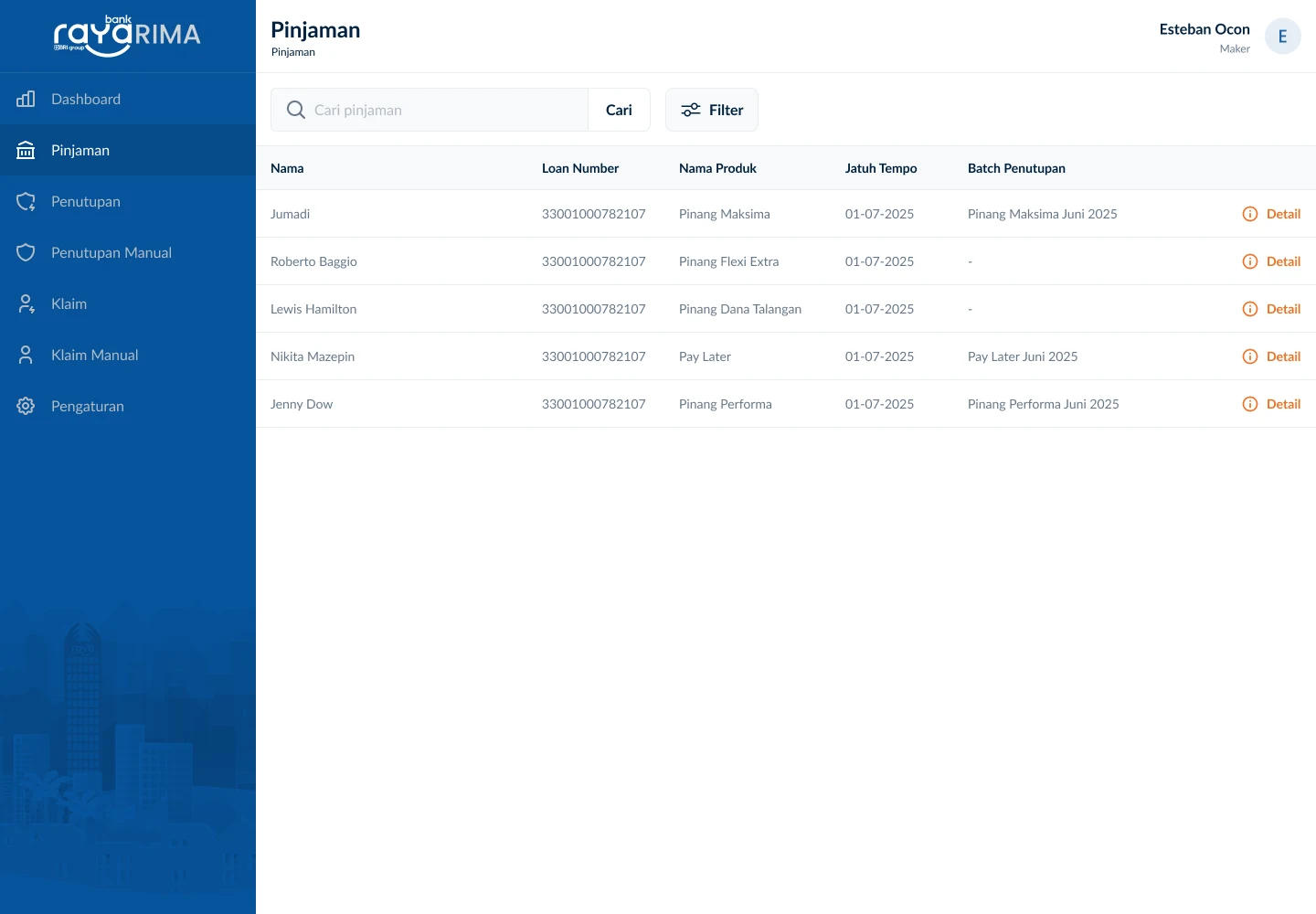 RIMA loan-related insurance screen