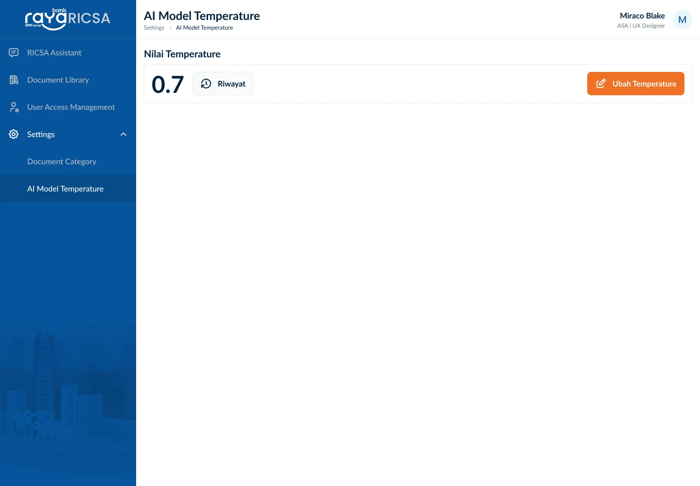 RICSA AI temperature settings screen