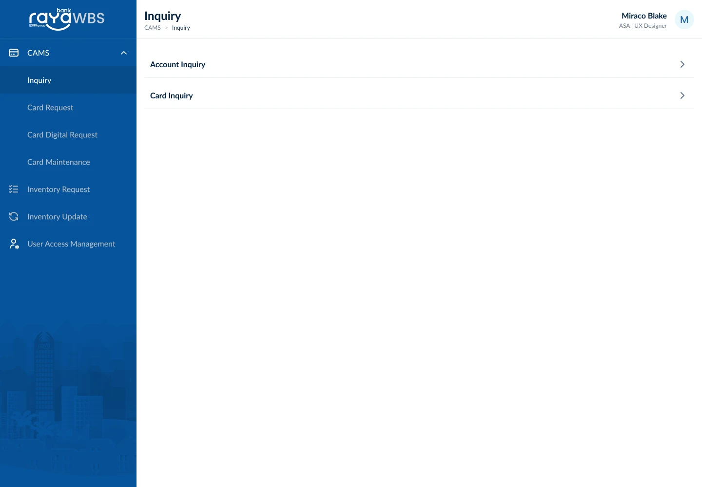 WBS account and card inquiry screen