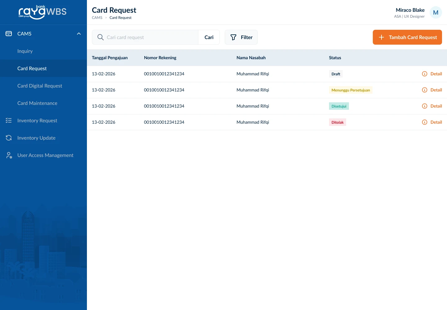WBS card request screen